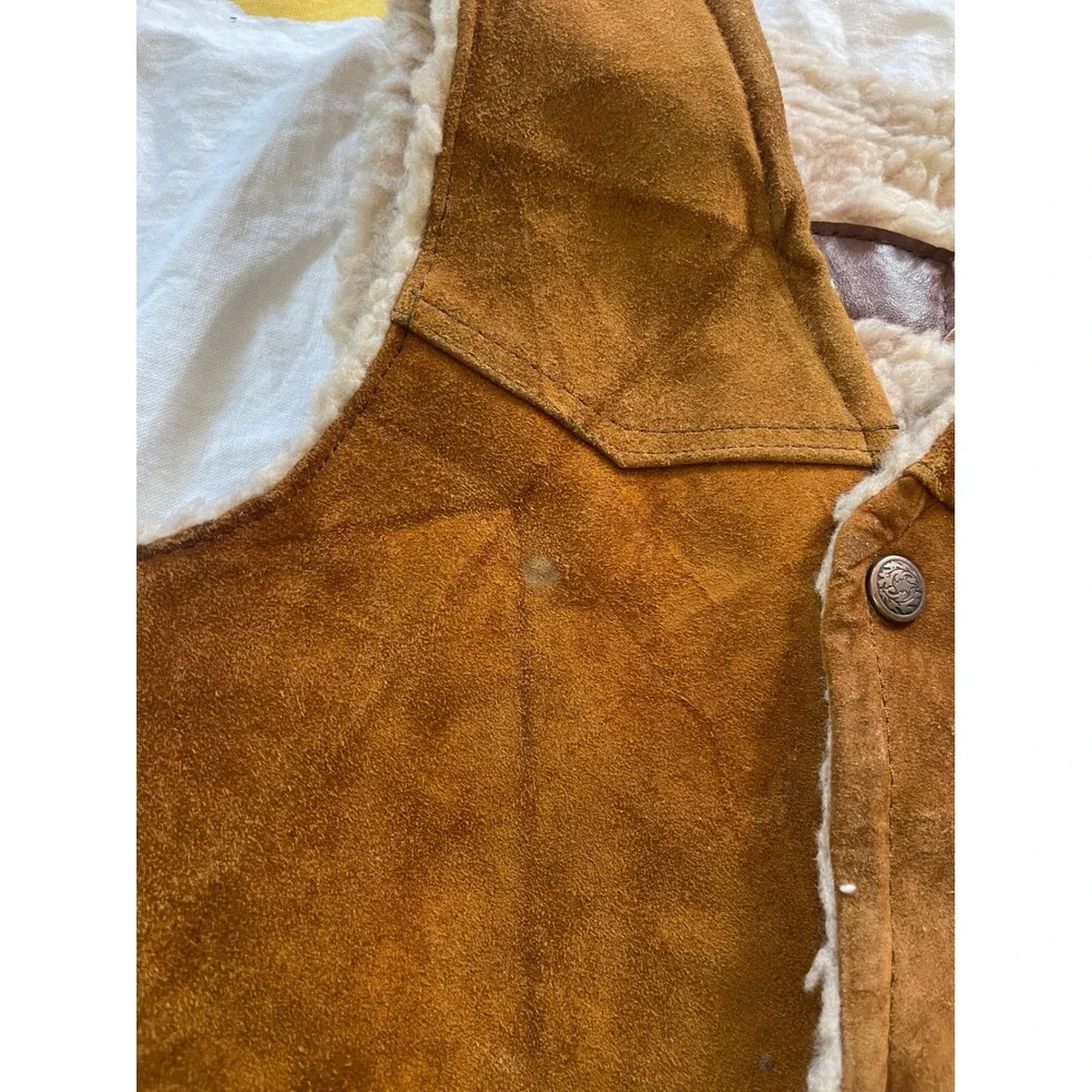 Vintage Kids Tan Suede Western Vest Faux‎ Shearling Lined Brown Medium